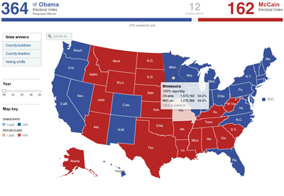 Full map of U.S. showing which party each states electoral votes go to